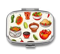 Pilulier avec miroir à 2 compartiments - Symboles de salsa mexicaine - Pour sac à main, poche - Pilulier hebdomadaire de voyage - Pilulier portable pour le quotidien