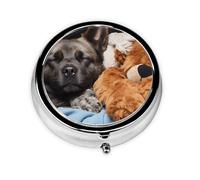 Pilulier avec miroir en forme de chien endormi avec ours - 3 compartiments - Petit pilulier pour sac à main ou poche - Mini pilulier en métal - Pour voyage hebdomadaire - Support de vitamines - Cadeau