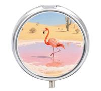 Pilulier avec miroir - Flamant rose orange dans Salt Lake - Rétro - 3 compartiments - Petit pilulier rond en métal ou vitamines - Pour suppléments d'huile de poisson - Pour sac à main