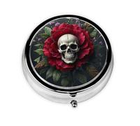 Pilulier avec miroir floral squelette roses en fleur 3 compartiments petit pilulier pour sac à main ou poche Mini pilulier en métal pour voyage, médicament, tablette, vitamines, cadeau de voyage