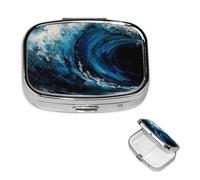 Pilulier avec miroir - Petit pilulier à 2 compartiments - Peinture vague bleue - Pilulier de voyage pour sac à main ou poche - Pilulier portable - Joli organisateur de médicaments