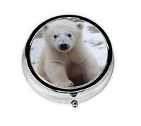 Pilulier avec miroir pour bébé ours polaire à 3 compartiments - Petit pilulier pour sac à main ou poche - Mini pilulier en métal - Pour voyage, médicaments, comprimés et vitamines - Cadeau de voyage
