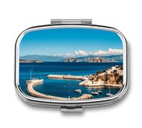 Pilulier avec vue sur la mer avec 2 compartiments - Organiseur de médicaments portable en métal pour sac à main et voyage - Pilulier compact et suppléments d'huile de poisson et vitamines