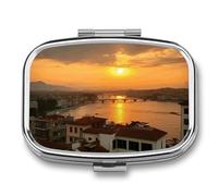 Pilulier avec vue sur le coucher du soleil avec 2 compartiments - Organiseur de médicaments portable en métal pour sac à main et voyage - Pilulier compact et suppléments d'huile de poisson et
