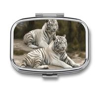 Pilulier blanc Tigers à 2 compartiments, pilulier portable pour poche ou sac à main, organiseur décoratif en métal pour médicaments et vitamines