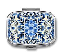 Pilulier bleu à 2 compartiments, pilulier portable avec miroir pour sac à main, voyage, mini organisateur de médicaments en métal pour vitamines, huile de poisson