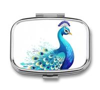 Pilulier bleu dessin animé paon 2 compartiments petit pilulier pour sac à main ou poche Mini pilulier en métal pour médicaments quotidiens contenant des vitamines et de l'huile de poisson