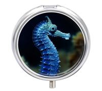 Pilulier bleu hippocampe à 3 compartiments pour le quotidien - Petit pilulier rond en métal pour sac à main