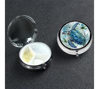 Pilulier bleu tortue de mer à 3 compartiments pour sac à main ou poche, petit organisateur de médicaments avec miroir, boîte à pilules de voyage décorative en métal, cadeau unique