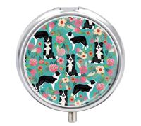Pilulier Border Collie Florals - 3 compartiments - Petit pilulier quotidien - Pilulier de voyage rond en métal pour sac à main