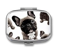 Pilulier Bouledogue français avec miroir, 2 compartiments, étanche, pour sac à main ou poche, antidérapant, organisateur de voyage pour compléments alimentaires (vitamines, huile de poisson, etc.).