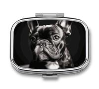 Pilulier Bouledogue français avec miroir, 2 compartiments, étanche, pour sac à main ou poche, antidérapant, organisateur de voyage pour compléments alimentaires (vitamines, huile de poisson, etc.).