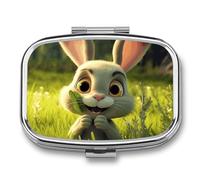 Pilulier carré à 2 compartiments en forme de lapin souriant - Mini pilulier portable de voyage pour poche, sac à main - Pilulier en métal pour vitamines, huiles de poisson