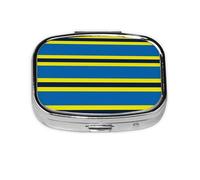 Pilulier carré à 2 compartiments en métal avec imprimé à rayures jaunes et bleues - Petit pilulier de voyage portable pour poche et sac à main - Mini pilulier pour contenir des vitamines quotidiennes