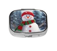 Pilulier carré à 2 compartiments en métal avec imprimé bonhomme de neige et inscription « Merry Christmas » - Petit pilulier de voyage portable pour poche et sac à main - Mini pilulier pour contenir
