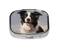 Pilulier carré à 2 compartiments en métal avec imprimé Border Collie - Petit pilulier de voyage portable pour poche et sac à main - Mini pilulier mignon pour contenir des vitamines quotidiennes
