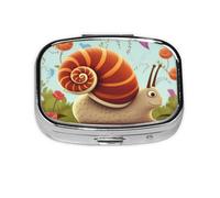 Pilulier carré à 2 compartiments en métal avec imprimé escargot mignon - Petit pilulier de voyage portable pour poche et sac à main - Mini pilulier pour contenir des vitamines quotidiennes