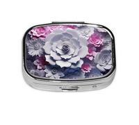 Pilulier carré à 2 compartiments en métal avec imprimé floral 3D, petit pilulier de voyage portable pour poche, sac à main, mini pilulier pour contenir des vitamines quotidiennes