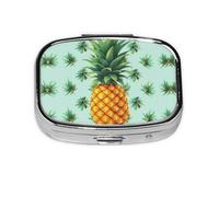 Pilulier carré à 2 compartiments en métal avec imprimé fruits tropicaux, ananas, petit pilulier de voyage portable pour poche, sac à main, mini pilulier pour contenir des vitamines quotidiennes