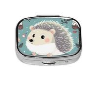 Pilulier carré à 2 compartiments en métal avec imprimé hérisson de dessin animé - Petit pilulier de voyage portable pour poche et sac à main - Mini pilulier pour contenir des vitamines quotidiennes