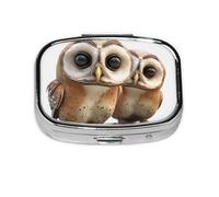 Pilulier carré à 2 compartiments en métal avec imprimé hibou amusant pour poche, sac à main, mini pilulier pour contenir des vitamines quotidiennes