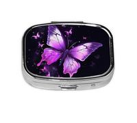 Pilulier carré à 2 compartiments en métal avec imprimé papillon violet - Petit pilulier de voyage portable pour poche et sac à main - Mini pilulier pour contenir des vitamines quotidiennes