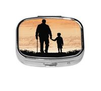 Pilulier carré à 2 compartiments en métal avec imprimé silhouette de père et fils, petit pilulier de voyage portable pour poche, sac à main, mini pilulier pour contenir des vitamines quotidiennes