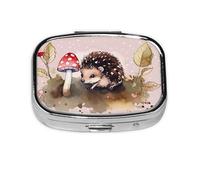 Pilulier carré à 2 compartiments en métal avec motif hérisson et peinture à l'aquarelle - Petit pilulier de voyage portable pour poche, sac à main - Mini pilulier pour contenir des vitamines
