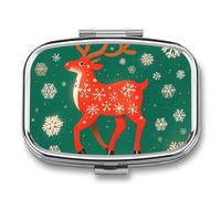 Pilulier carré à 2 compartiments - Magnifique boîte à pilules de Noël avec cerf et flocons de neige - Pilulier portable de voyage pour poche, sac à main - Pilulier en métal pour vitamines, poissons