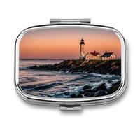Pilulier carré à 2 compartiments Portland River Lighthouse Sunrise - Mini pilulier portable de voyage pour poche, sac à main - Pilulier en métal pour vitamines, huiles de poisson