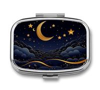 Pilulier carré à 2 compartiments pour sac à main et poche - Petit pilulier avec étoiles et lune dessus - Boîte de rangement portable en métal pour médicaments et vitamines - Cadeau unique