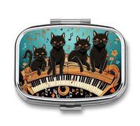 Pilulier carré à 2 compartiments pour sac à main et poche - Petit pilulier - Quatre chats noirs allongés sur le clavier de piano - Boîte de rangement portable en métal pour médicaments et vitamines -