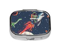 Pilulier carré avec 2 compartiments - Pilulier de voyage portable pour poche ou sac à main, astronaute amusant - Motif dinosaure et fusée