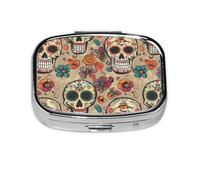 Pilulier carré avec 2 compartiments - Pilulier de voyage portable pour poche ou sac à main - Tête de mort mexicaine