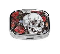 Pilulier carré avec 2 compartiments - Pilulier de voyage portable pour poche ou sac à main, tête de mort florale
