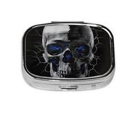 Pilulier carré avec 2 compartiments - Pilulier de voyage portable pour poche ou sac à main - Tête de mort avec yeux bleus