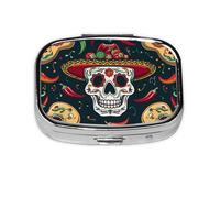 Pilulier carré avec 2 compartiments - Pilulier de voyage portable pour poche ou sac à main - Tête de mort mexicaine