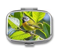 Pilulier carré avec feuilles vertes et oiseaux - 3 compartiments - Portable - Pour le voyage - Mini récipient compact pour médicaments - Distributeur de supplément de vitamines