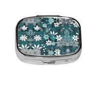 Pilulier carré avec motif imprimé floral bleu sarcelle et blanc - Étui de voyage portable en métal pour vitamines et médicaments, 5,6 x 4,1 x 1,8 cm.