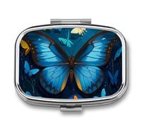 Pilulier carré bleu à motif papillon 3 compartiments Portable Voyage Médicament Case Daily Mini Compact Stockage de médicaments Distributeur de supplément de vitamines