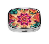Pilulier carré bohème à 2 compartiments en métal avec imprimé mandala coloré - Petit pilulier de voyage portable pour poche, sac à main - Mini pilulier pour contenir des vitamines quotidiennes