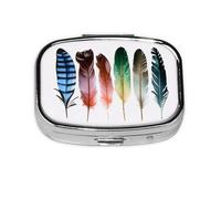 Pilulier carré coloré avec plumes dessinées à la main - Pilulier à 2 compartiments, étanche, pilulier de poche, portable pour poche ou sac à main