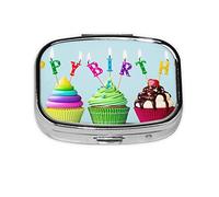Pilulier carré coloré Happy Birthday Cupcakes avec 2 compartiments - Petit pilulier portable - Conteneurs de vitamines - Essentiels de voyage - 5,5 x 4 x 1,8 cm