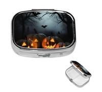 Pilulier carré d'Halloween avec citrouilles - 2 compartiments pour sac à main - Joli pilulier en métal - Portable - Mini petit pilulier de voyage pour contenir des vitamines, des suppléments d'huile
