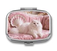 Pilulier carré en métal à 2 compartiments en forme de chat persan - Mini étui à médicaments de voyage avec miroir - Joli porte-médicaments pour sac à main de poche