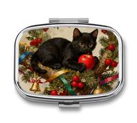 Pilulier carré en métal à 2 compartiments en forme de chat sur le sapin de Noël, mini étui à médicaments de voyage portable avec miroir pour sac à main de poche