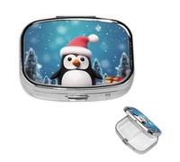 Pilulier carré en métal à 2 compartiments en forme de pingouin de Noël - Joli pilulier de voyage portable pour médicaments et vitamines - Cadeau unique pour homme et femme