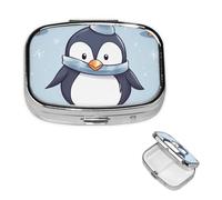 Pilulier carré en métal à 2 compartiments en forme de pingouin mignon - Organiseur de médicaments portable pour médicaments et vitamines - Cadeau unique pour homme et femme