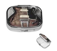 Pilulier carré en métal à 2 compartiments - Motif guitare vintage - Joli pilulier de voyage portable pour médicaments et vitamines - Cadeau unique pour homme et femme
