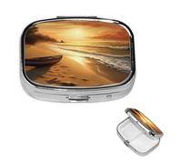 Pilulier carré en métal à 2 compartiments - Motif plage au coucher du soleil - Organisateur de médicaments portable - Pour homme et femme - Cadeau unique